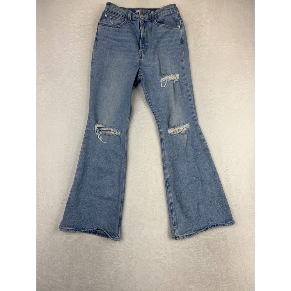 Levis Premium 70s Womens 28x30 Jeans High Flare Grungy Light Distressed Denim